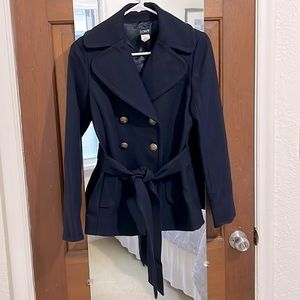 Used J. Crew wool navy blue peacoat with belt preppy classy jacket coat Sz 0